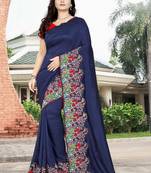 Blue Embroidered Poly Silk Saree With Blouse