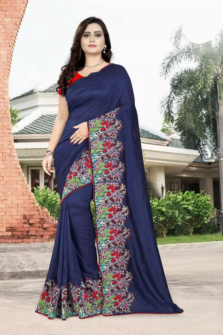 Blue Embroidered Poly Silk Saree With Blouse