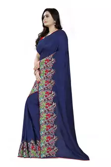 Blue Embroidered Poly Silk Saree With Blouse