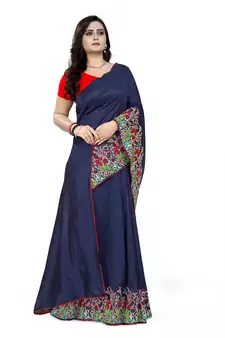 Blue Embroidered Poly Silk Saree With Blouse