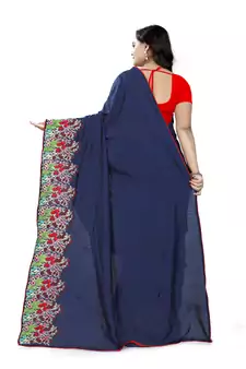 Blue Embroidered Poly Silk Saree With Blouse