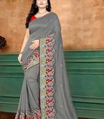 Grey Embroidered Poly Silk Saree With Blouse