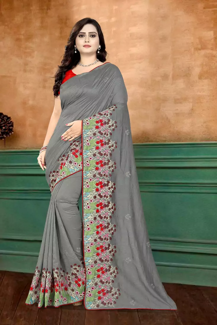 Grey Embroidered Poly Silk Saree With Blouse