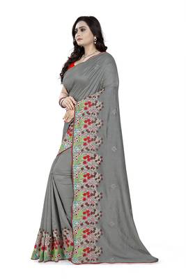 Grey Embroidered Poly Silk Saree With Blouse 2