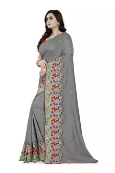 Grey Embroidered Poly Silk Saree With Blouse