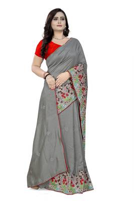 Grey Embroidered Poly Silk Saree With Blouse 3