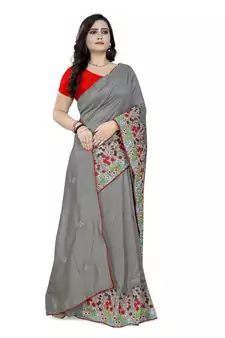 Grey Embroidered Poly Silk Saree With Blouse