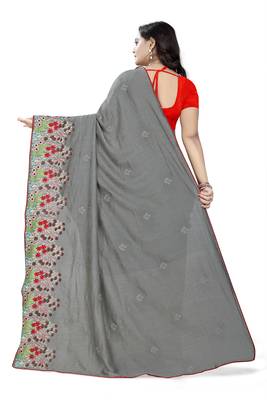 Grey Embroidered Poly Silk Saree With Blouse 4