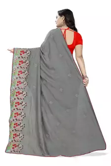 Grey Embroidered Poly Silk Saree With Blouse
