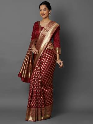 Maroon woven cotton silk saree with blouse 3