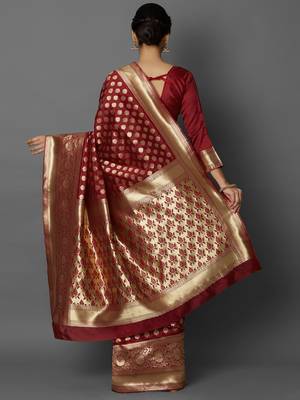 Maroon woven cotton silk saree with blouse 4