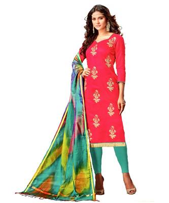Pink Embroidered Silk Blend Unstitched Salwar With Dupatta 1