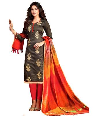 Grey Embroidered Silk Blend Unstitched Salwar With Dupatta 1