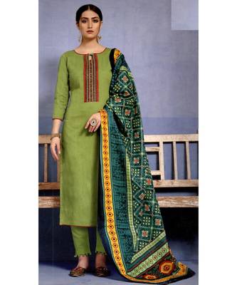 Green Embroidered Cotton Unstitched Salwar With Dupatta 1