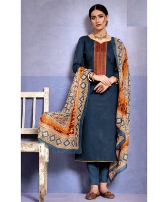 Blue Embroidered Cotton Unstitched Salwar With Dupatta 1