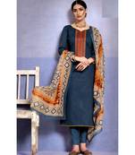 Blue Embroidered Cotton Unstitched Salwar With Dupatta