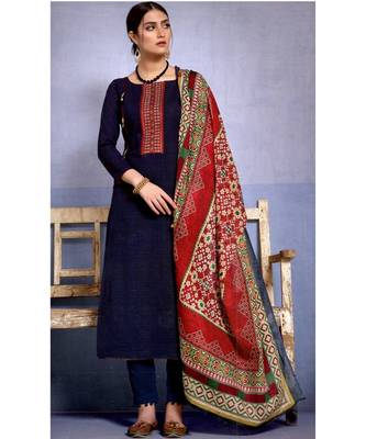 Blue Embroidered Cotton Unstitched Salwar With Dupatta 1