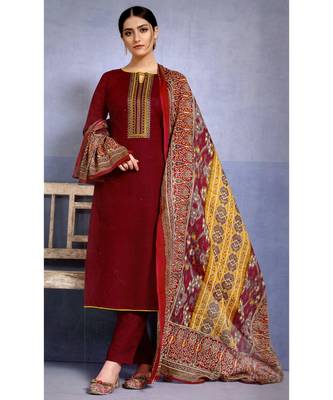 Maroon Embroidered Cotton Unstitched Salwar With Dupatta 1