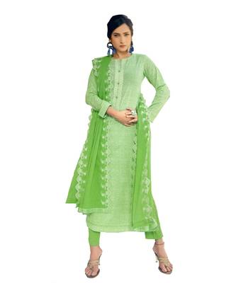 Green Embroidered Cotton Unstitched Salwar With Dupatta 1