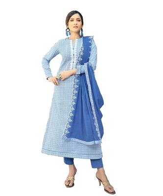 Blue Embroidered Cotton Unstitched Salwar With Dupatta 1