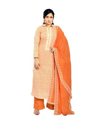 Orange Embroidered Cotton Unstitched Salwar With Dupatta 1