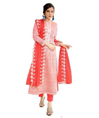 Red Embroidered Cotton Unstitched Salwar With Dupatta 1