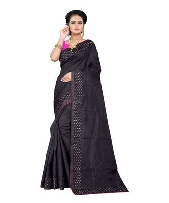 black plain silk blend saree with blouse 1