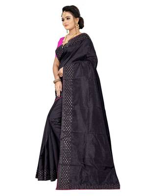 black plain silk blend saree with blouse 2