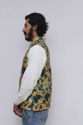 Turquoise printed silk blend nehru-jacket 3