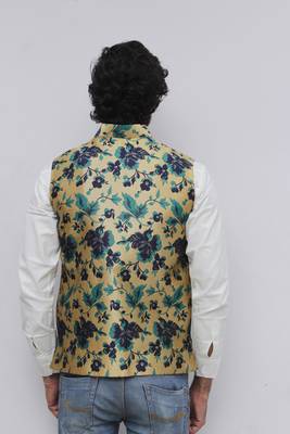 Turquoise printed silk blend nehru-jacket 4