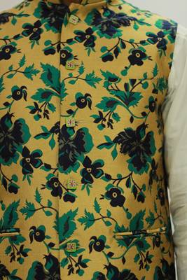 Turquoise printed silk blend nehru-jacket 5