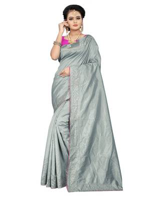 grey plain silk blend saree with blouse 1