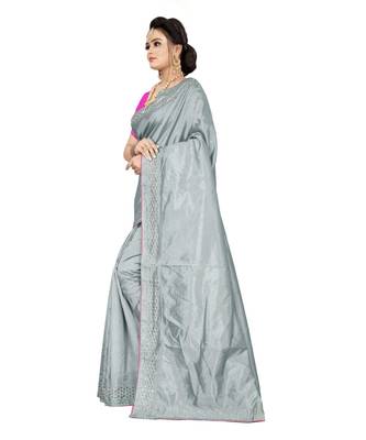 grey plain silk blend saree with blouse 2
