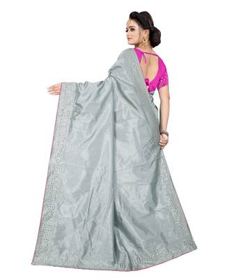 grey plain silk blend saree with blouse 3