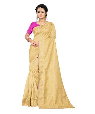 cream plain silk blend saree with blouse 1