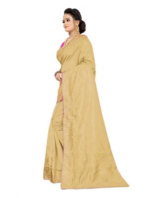 cream plain silk blend saree with blouse 2