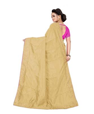 cream plain silk blend saree with blouse 3