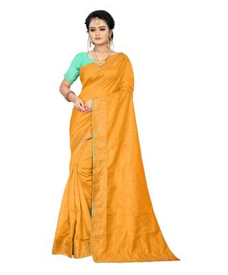 golden plain silk blend saree with blouse 1
