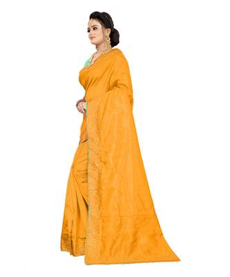 golden plain silk blend saree with blouse 2