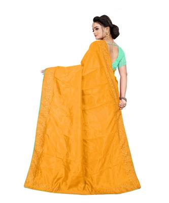golden plain silk blend saree with blouse 3