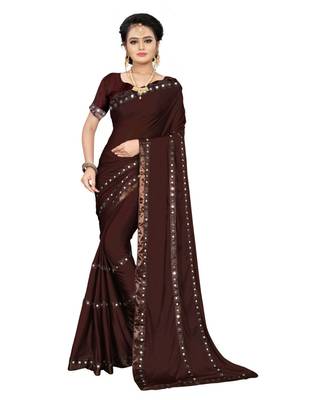 brown plain silk blend saree with blouse 1