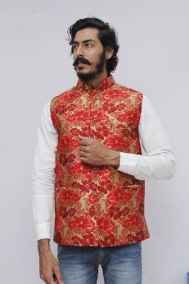 Red printed silk blend nehru-jacket 1