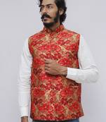 Red printed silk blend nehru-jacket