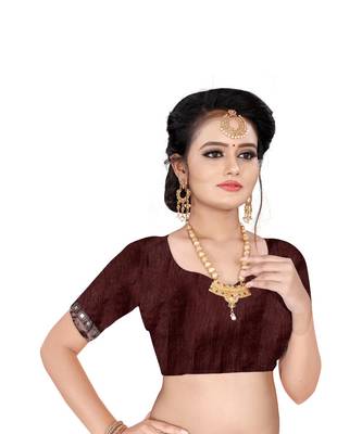 brown plain silk blend saree with blouse 4
