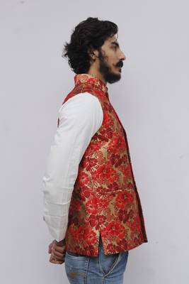 Red printed silk blend nehru-jacket 2