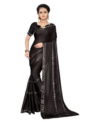 black plain silk blend saree with blouse 1