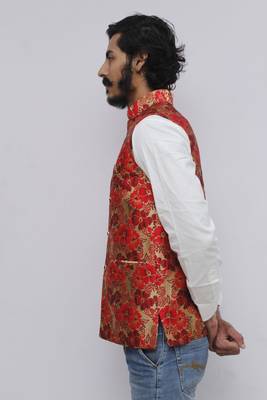 Red printed silk blend nehru-jacket 3