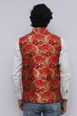 Red printed silk blend nehru-jacket 4