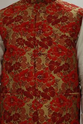 Red printed silk blend nehru-jacket 5