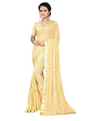 cream plain silk blend saree with blouse 1
